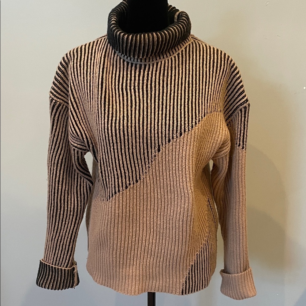 Striped Turtleneck Sweater - Black and Tan xs like new